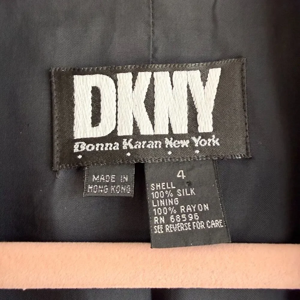 Vintage DKNY 100% Silk Notch Collar Blazer in Black with Gold Button size 4